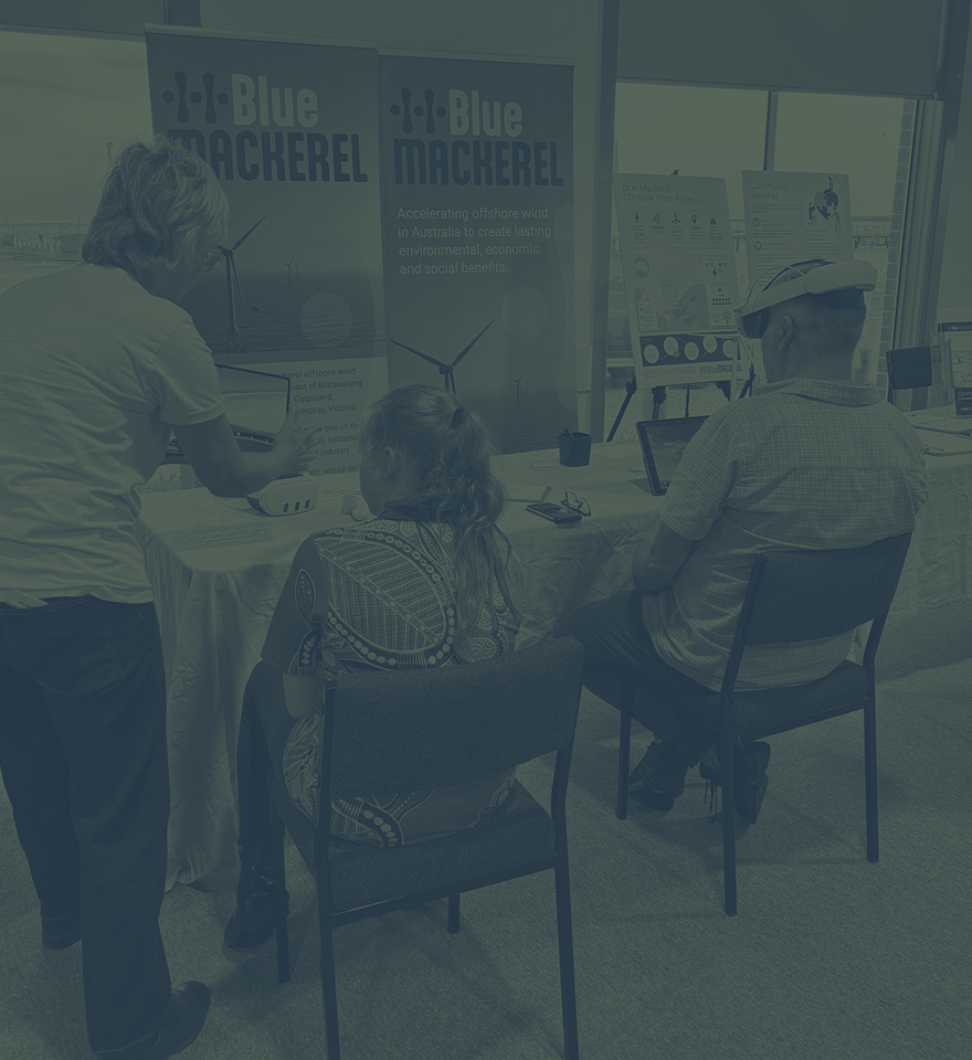 People engaging with Blue Mackerel offshore wind project exhibits and technology displays