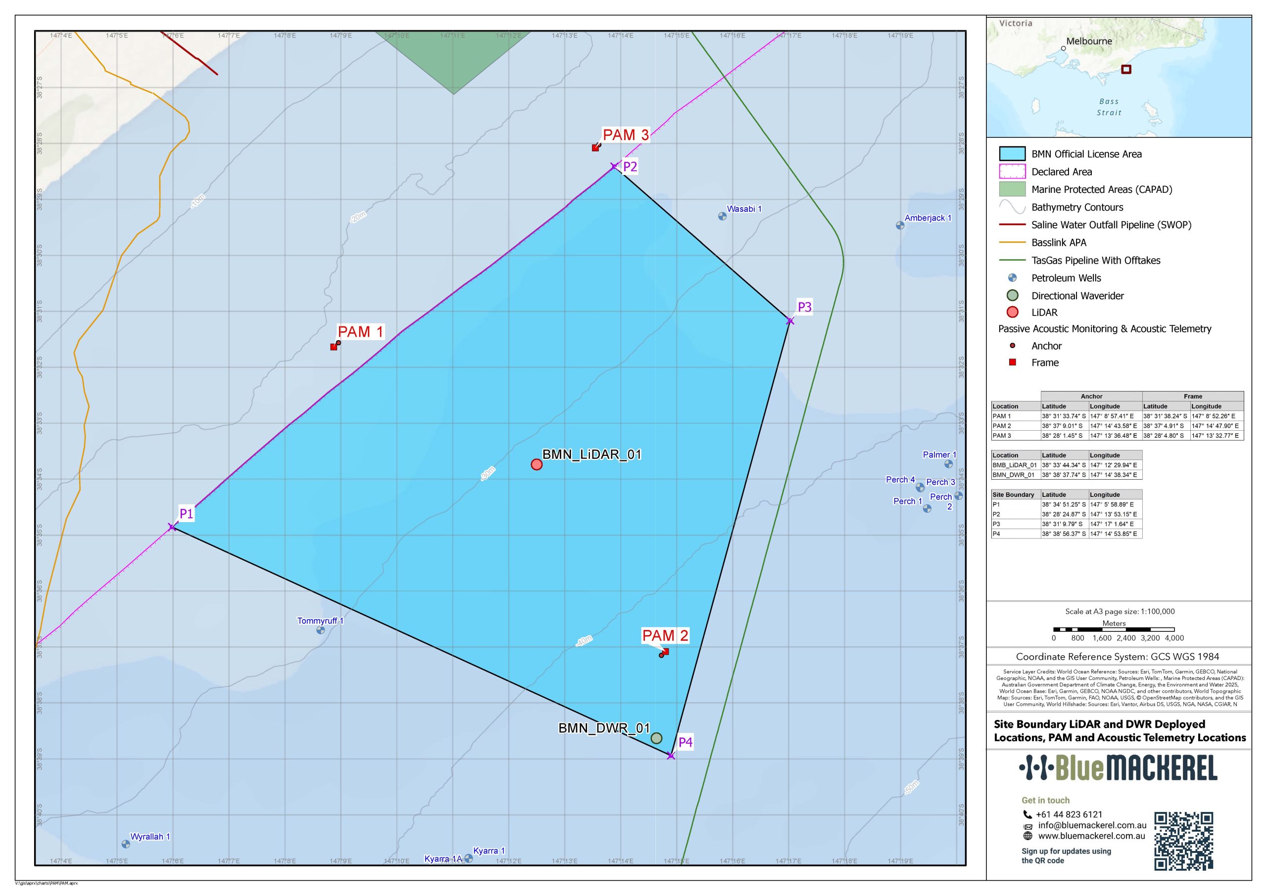 Map showing Blue Mackerel deployed equipment coordinates with site boundaries and monitoring locations in July 2026